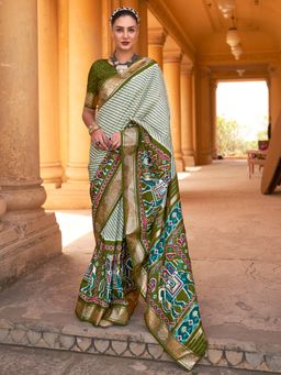 Akhilam - Women's Silk Blend Olive Embellished Designer Saree with Unstitched Blouse