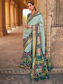 Akhilam - Women's Silk Blend Green Embellished Designer Saree with Unstitched Blouse