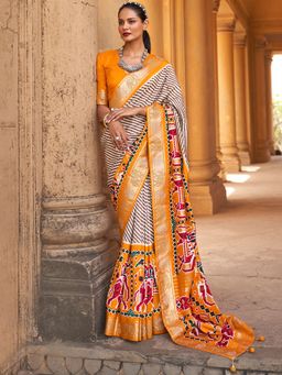 Akhilam - Women's Silk Blend Yellow Embellished Designer Saree with Unstitched Blouse