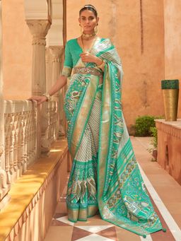 Akhilam - Women's Silk Blend Sea Green Embellished Designer Saree with Unstitched Blouse