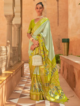 Akhilam - Women's Silk Blend Lime Green Embellished Designer Saree with Unstitched Blouse