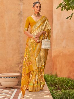 Akhilam - Women's Silk Blend Mustard Embellished Designer Saree with Unstitched Blouse