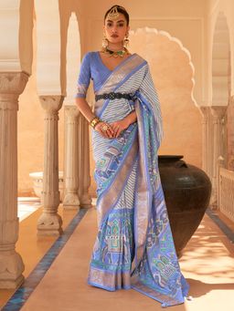 Akhilam - Women's Silk Blend Blue Embellished Designer Saree with Unstitched Blouse