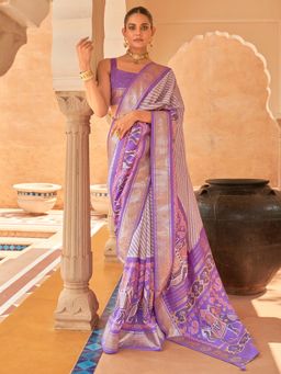 Akhilam - Women's Silk Blend Lavender Embellished Designer Saree with Unstitched Blouse