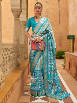 Akhilam - Women's Silk Blend Blue Embellished Designer Saree with Unstitched Blouse