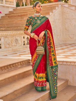 Akhilam - Women's Silk Blend Red Embellished Designer Saree with Unstitched Blouse