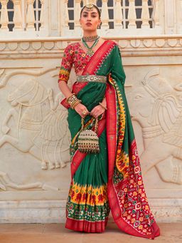 Akhilam - Women's Silk Blend Green Embellished Designer Saree with Unstitched Blouse