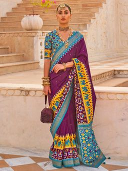 Akhilam - Women's Silk Blend Purple Embellished Designer Saree with Unstitched Blouse