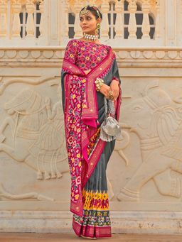 Akhilam - Women's Silk Blend Grey Embellished Designer Saree with Unstitched Blouse