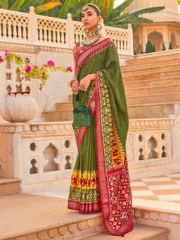 Akhilam - Women's Silk Blend Olive Embellished Designer Saree with Unstitched Blouse
