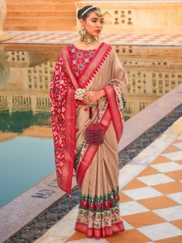 Akhilam - Women's Silk Blend Cream Embellished Designer Saree with Unstitched Blouse