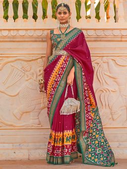 Akhilam - Women's Silk Blend Magenta Embellished Designer Saree with Unstitched Blouse