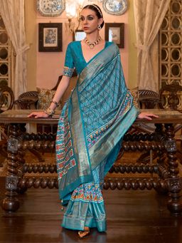 Akhilam - Women's Silk Blend Turquoise Embellished Designer Saree with Unstitched Blouse