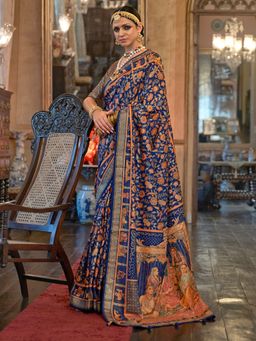 Akhilam - Women's Silk Blend Blue Embellished Designer Saree with Unstitched Blouse
