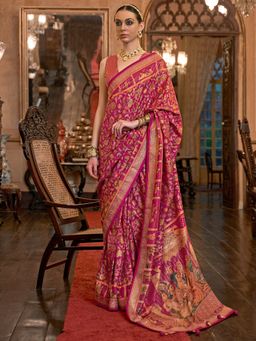 Akhilam - Women's Silk Blend Pink Embellished Designer Saree with Unstitched Blouse