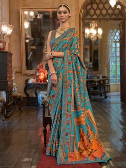 Akhilam - Women's Silk Blend Blue Embellished Designer Saree with Unstitched Blouse