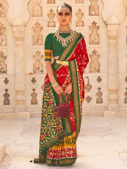 Akhilam - Women's Silk Blend Red Embellished Designer Saree with Unstitched Blouse