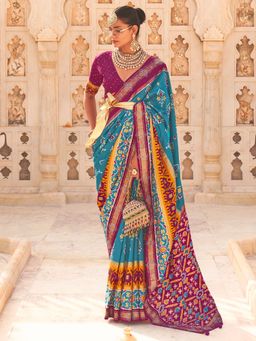 Akhilam - Women's Silk Blend Blue Embellished Designer Saree with Unstitched Blouse