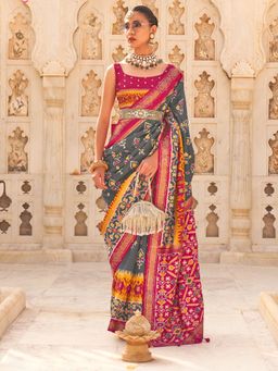 Akhilam - Women's Silk Blend Grey Embellished Designer Saree with Unstitched Blouse