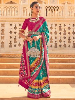 Akhilam - Women's Silk Blend Teal Embellished Designer Saree with Unstitched Blouse