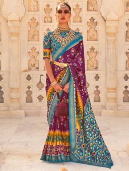 Akhilam - Women's Silk Blend Purple Embellished Designer Saree with Unstitched Blouse
