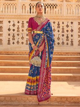 Akhilam - Women's Silk Blend Navy Blue Embellished Designer Saree with Unstitched Blouse