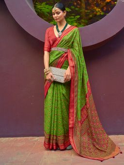 Akhilam - Women's Brasso Green Woven Design Designer Saree with Unstitched Blouse