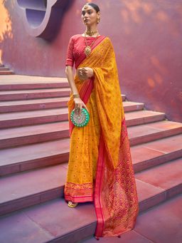 Akhilam - Women's Brasso Yellow Woven Design Designer Saree with Unstitched Blouse
