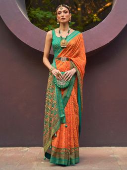 Akhilam - Women's Brasso Orange Woven Design Designer Saree with Unstitched Blouse