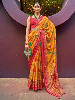 Akhilam - Women's Brasso Yellow Woven Design Designer Saree with Unstitched Blouse