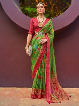 Akhilam - Women's Brasso Green Woven Design Designer Saree with Unstitched Blouse