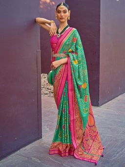 Akhilam - Women's Brasso Sea Green Woven Design Designer Saree with Unstitched Blouse