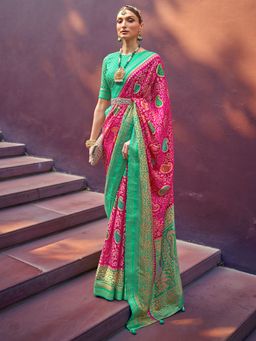 Akhilam - Women's Brasso Pink Woven Design Designer Saree with Unstitched Blouse