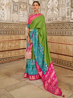 Akhilam - Women's Silk Blend Green Woven Design Designer Saree with Unstitched Blouse