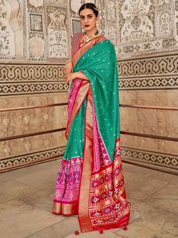 Akhilam - Women's Silk Blend Sea Green Woven Design Designer Saree with Unstitched Blouse