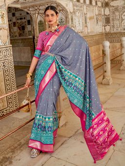 Akhilam - Women's Silk Blend Grey Woven Design Designer Saree with Unstitched Blouse