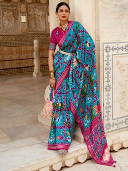 Akhilam - Women's Silk Blend Blue Woven Design Designer Saree with Unstitched Blouse