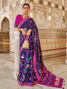 Akhilam - Women's Silk Blend Navy Blue Woven Design Designer Saree with Unstitched Blouse