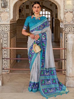 Akhilam - Women's Silk Blend Off White Woven Design Designer Saree with Unstitched Blouse