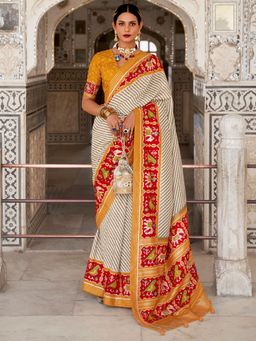 Akhilam - Women's Silk Blend Off White Woven Design Designer Saree with Unstitched Blouse