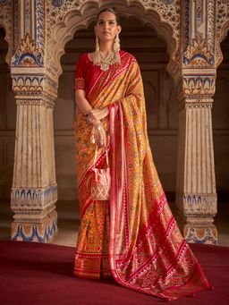 Akhilam - Women's Silk Blend Mustard Woven Design Designer Saree with Unstitched Blouse