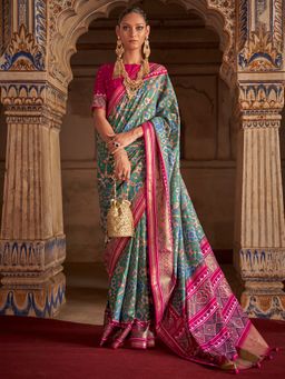 Akhilam - Women's Silk Blend Sea Green Woven Design Designer Saree with Unstitched Blouse