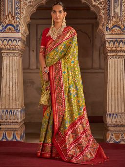 Akhilam - Women's Silk Blend Green Woven Design Designer Saree with Unstitched Blouse
