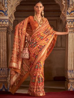 Akhilam - Women's Silk Blend Orange Woven Design Designer Saree with Unstitched Blouse