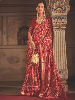 Akhilam - Women's Silk Blend Red Woven Design Designer Saree with Unstitched Blouse