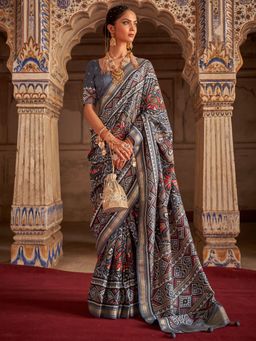 Akhilam - Women's Silk Blend Grey Woven Design Designer Saree with Unstitched Blouse