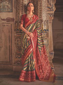 Akhilam - Women's Silk Blend Green Woven Design Designer Saree with Unstitched Blouse