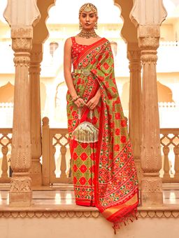Akhilam - Women's Silk Blend Olive Printed Designer Saree with Unstitched Blouse