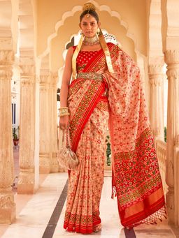 Akhilam - Women's Silk Blend Cream Printed Designer Saree with Unstitched Blouse