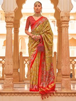 Akhilam - Women's Silk Blend Mustard Printed Designer Saree with Unstitched Blouse